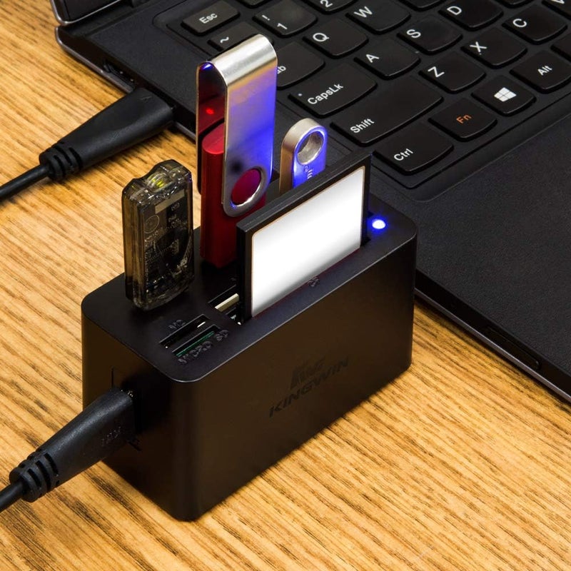 KingWin USB HUB Adapter w/ Memory Card Reader Writer & USB 3.0 HUB Combo - Supports High Speed SD MS Micro M2 CF Card Reader For Macbook, Laptop, Desktop - Includes USB Cable 5 Gbps Speed, Black - Image 2